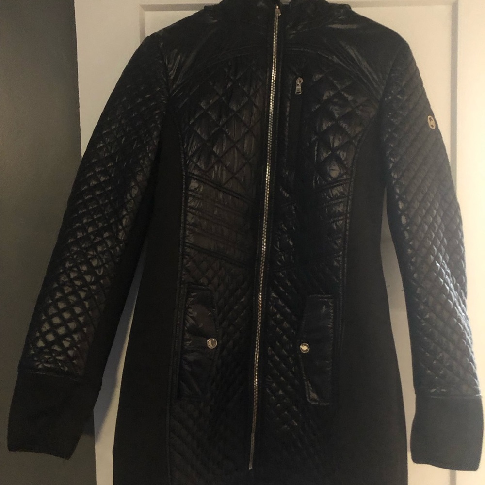 Michael Michael Kors Women's Black Nylon Quilted Mixed Media Stretch 3/4 Coat